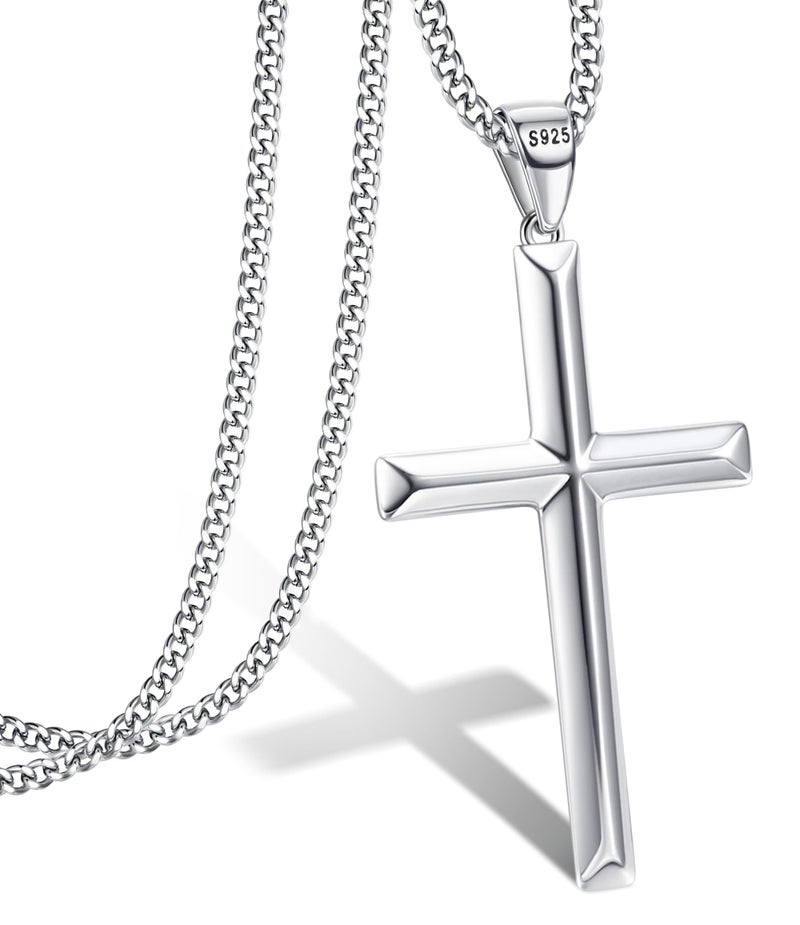 MILACOLATO Solid S925 Sterling Silver Cross Necklace for Men Women | 2mm Durable Sterling Silver Cuban Link Curb Chain Cross Pendant Necklace | Crucifix Cross Pendant Necklace Jewelry 24 Inches - Image 1